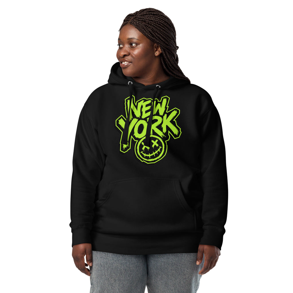 NY Smiles Unisex Hoodie — Black — Women's 3 model, front