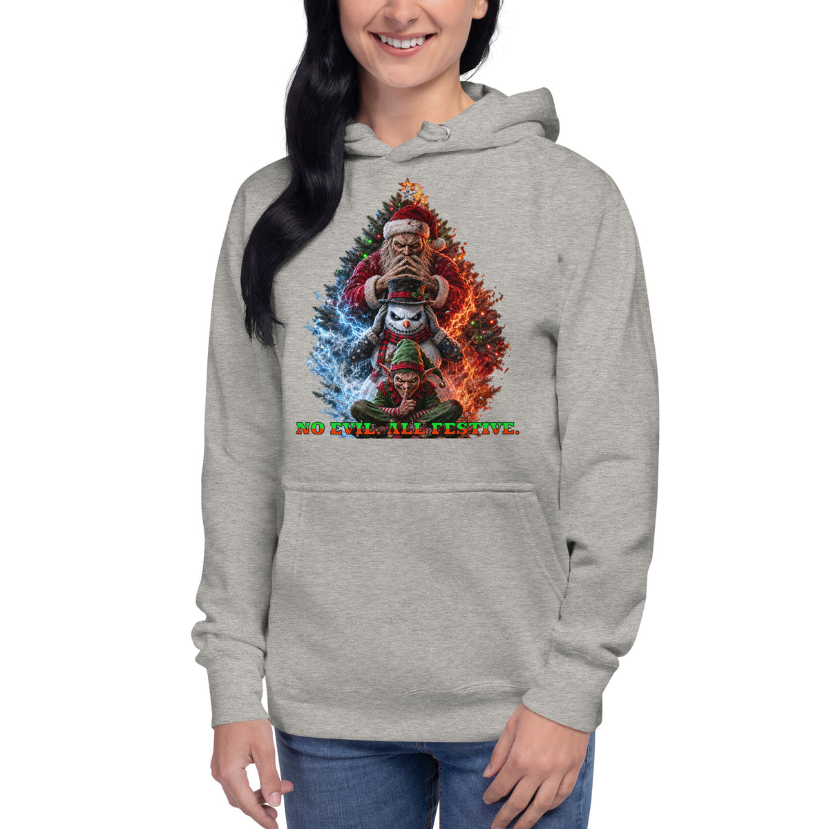 No Evil Xmas Unisex Hoodie — Carbon Grey — Women's model, front