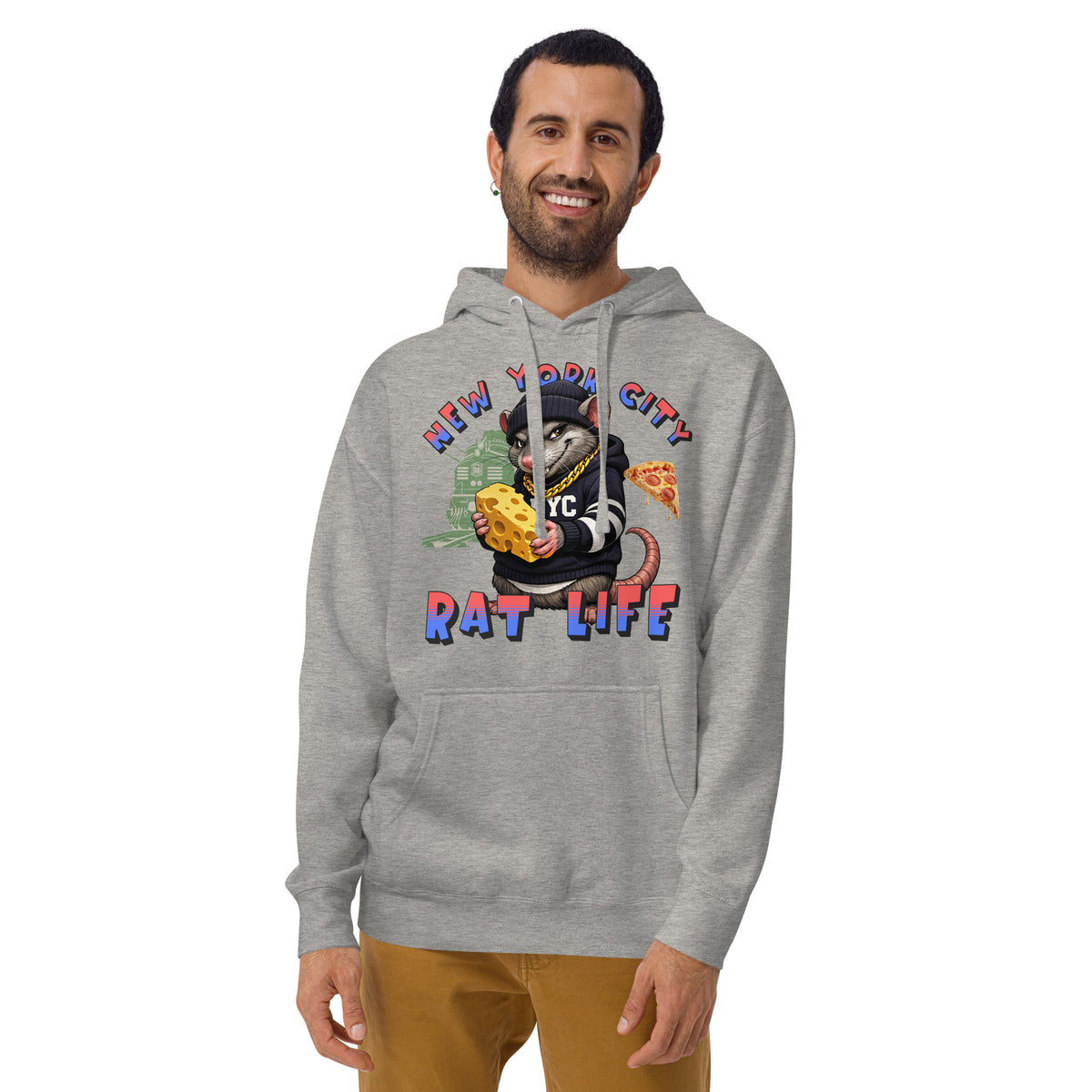 NYC Rat Life Unisex Hoodie — Carbon Grey — Men's 2 model, front