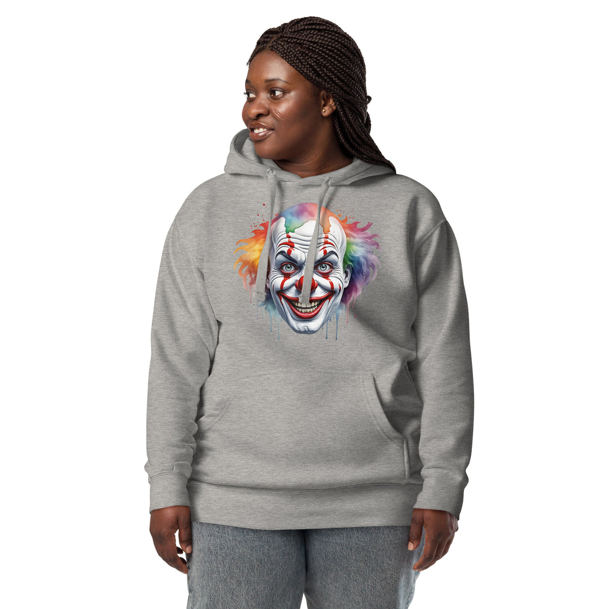 Painted Clown Unisex Hoodie — Carbon Grey — Women's 3 model, front