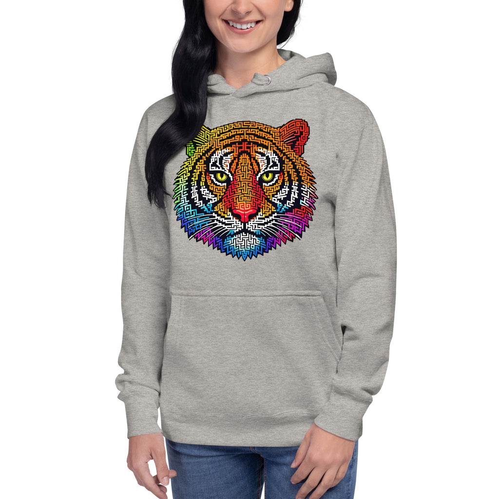 Rainbow Tiger Face Maze Unisex Hoodie — Carbon Grey — front