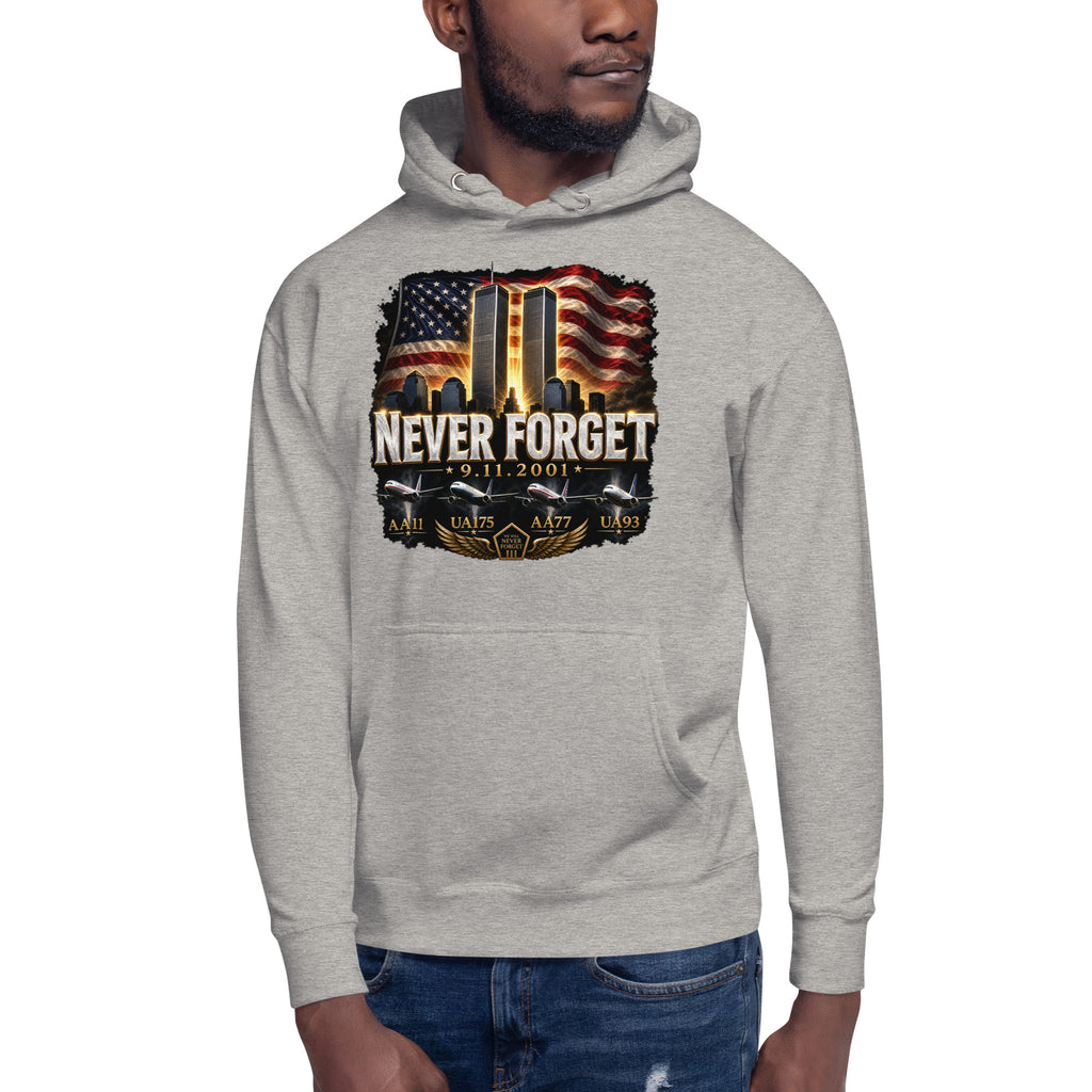 Never Forget 9/11 — Twin Towers Unisex Hoodie — Carbon Grey — front