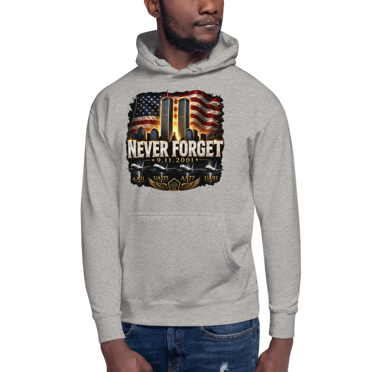 Never Forget 9/11 — Twin Towers Unisex Hoodie — Carbon Grey — front