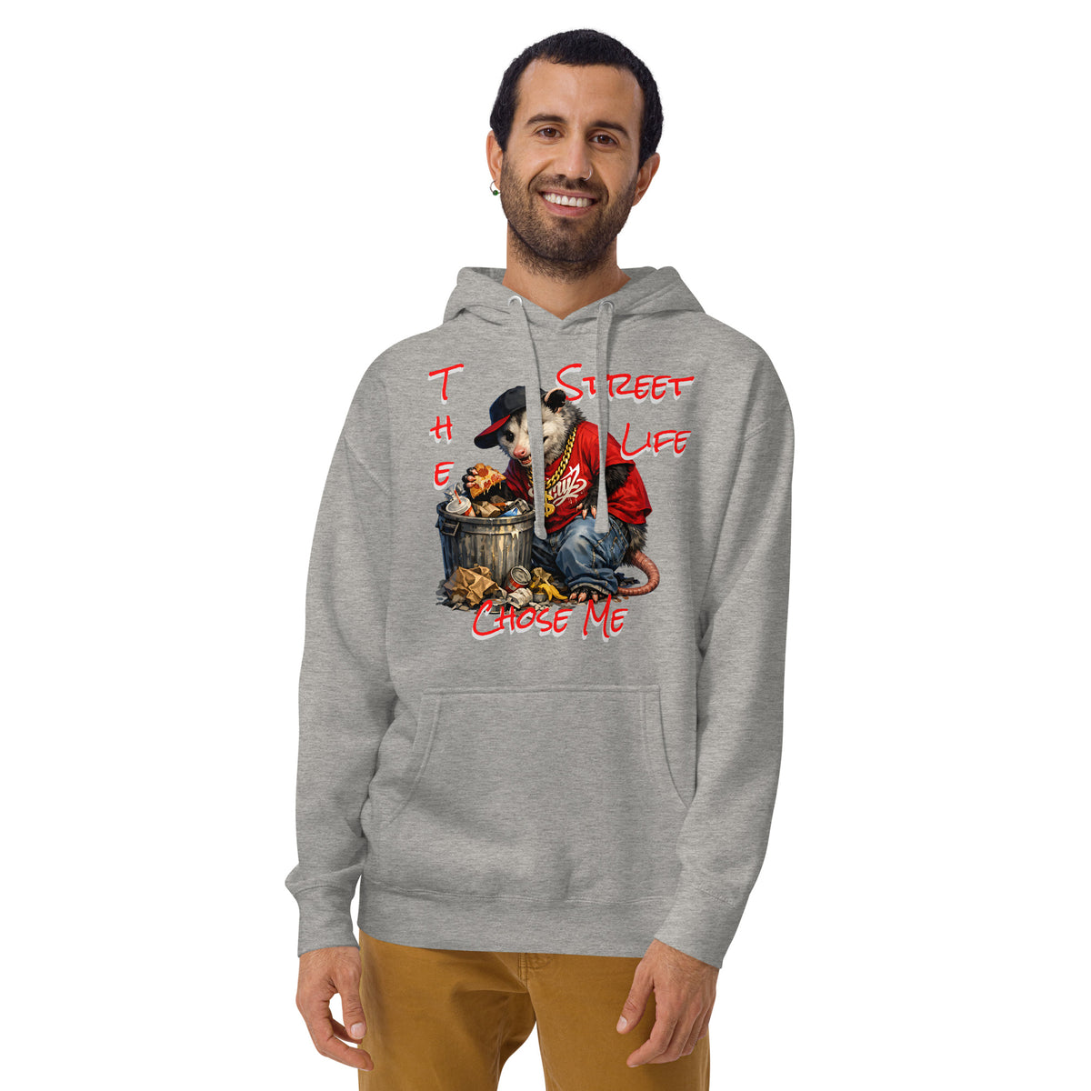 NY Possum Life Unisex Hoodie — Carbon Grey — Men's 2 model, front