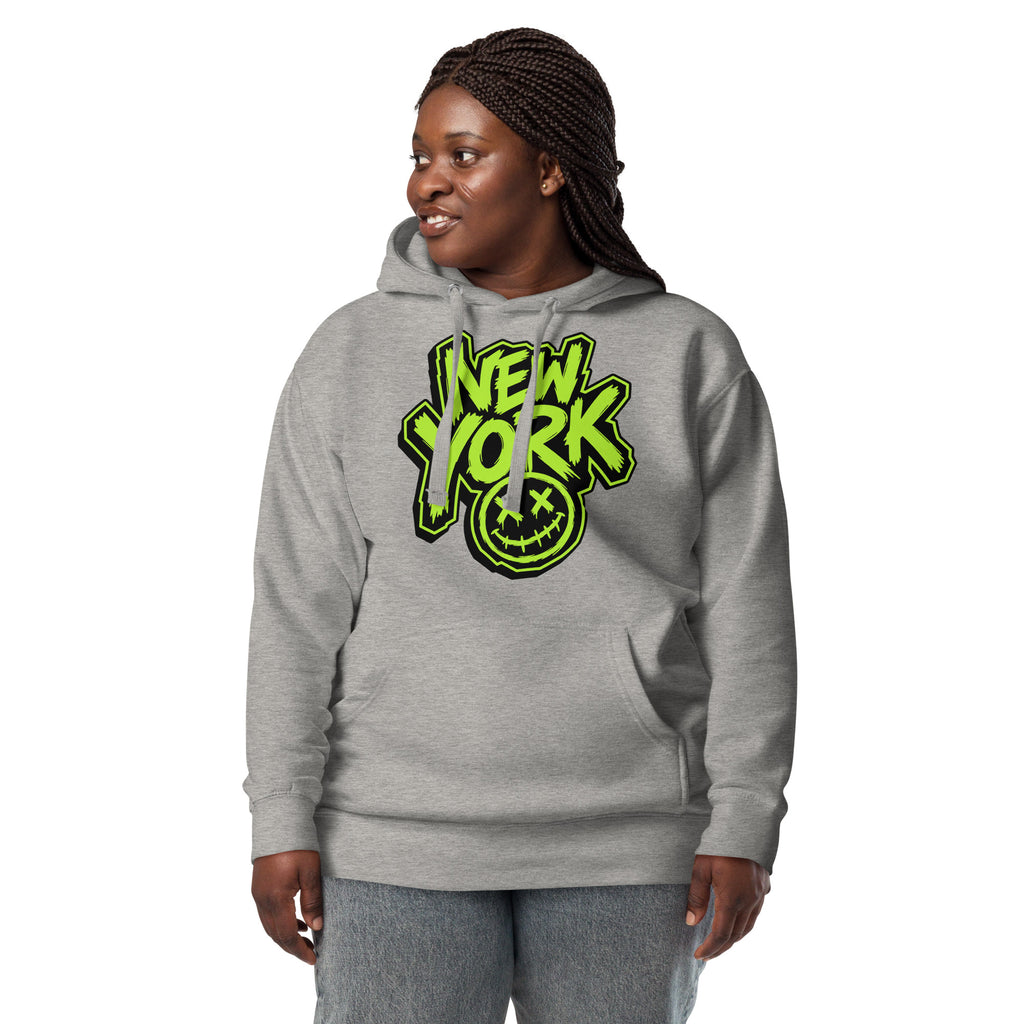 NY Smiles Unisex Hoodie — Carbon Grey — Women's 3 model, front