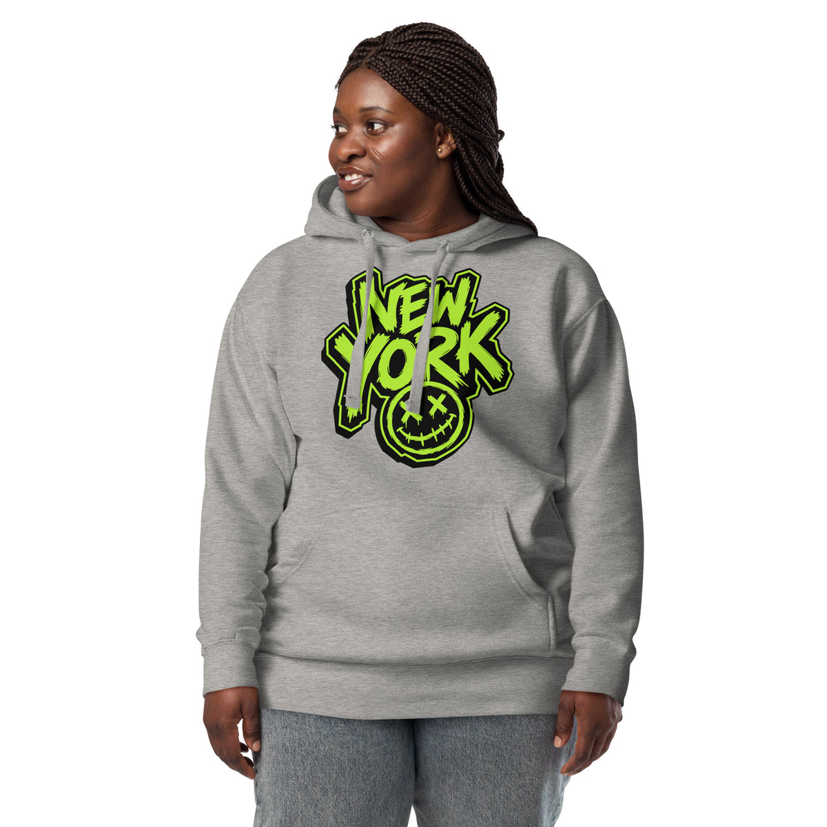NY Smiles Unisex Hoodie — Carbon Grey — Women's 3 model, front