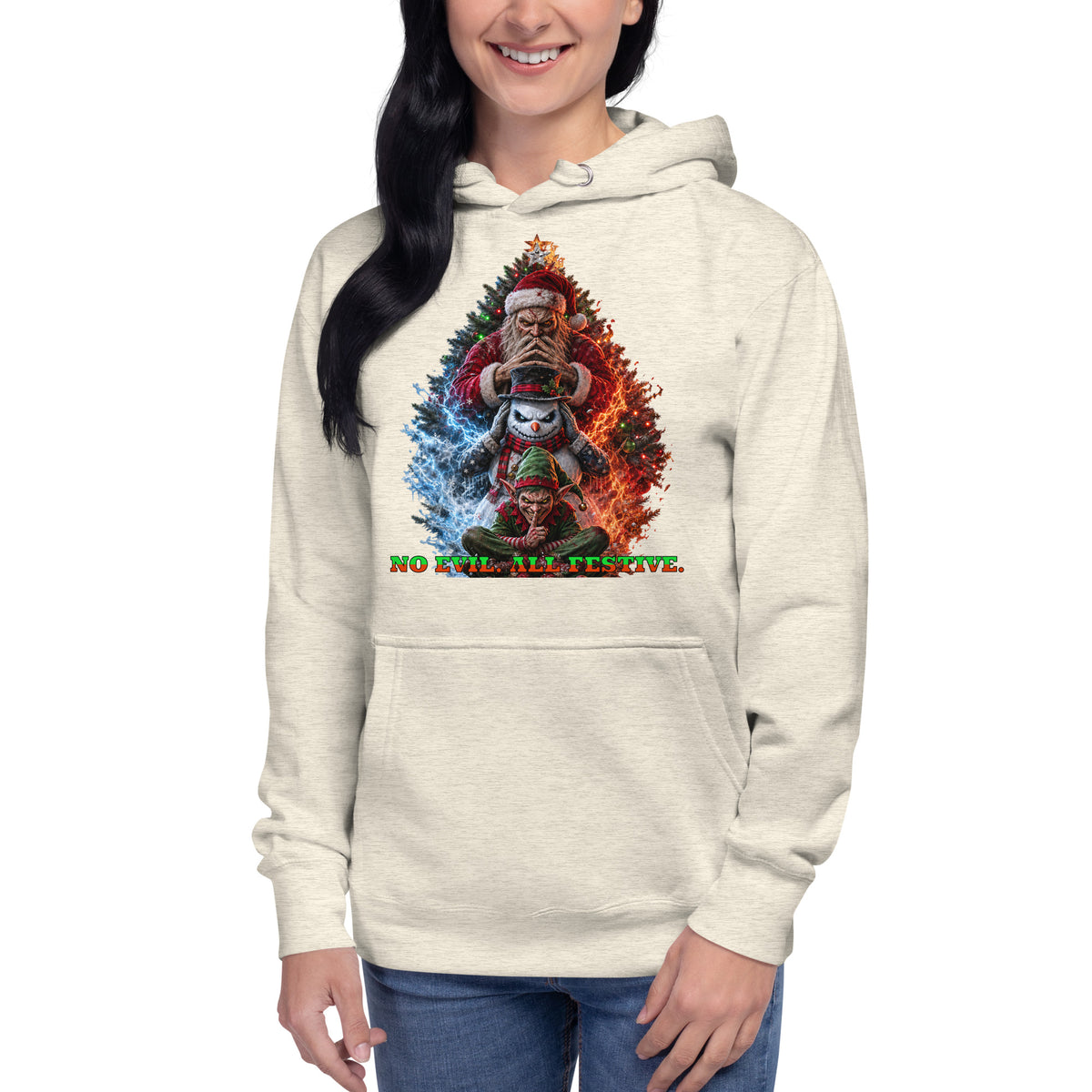 No Evil Xmas Unisex Hoodie — Oatmeal Heather — Women's model, front