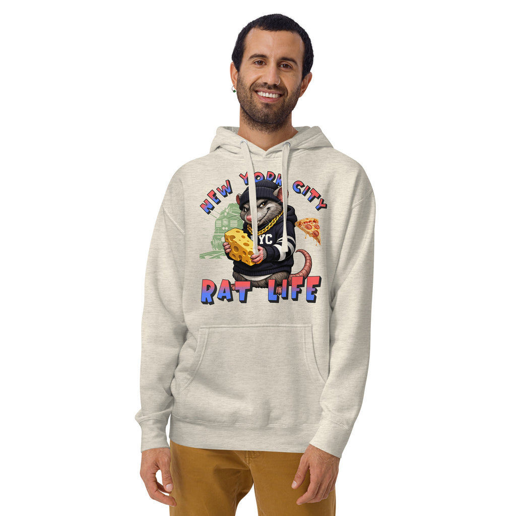 NYC Rat Life Unisex Hoodie — Oatmeal Heather — Men's 2 model, front