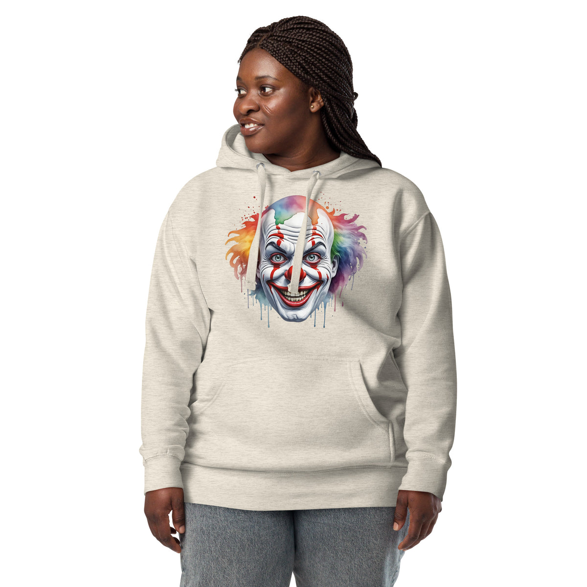 Painted Clown Unisex Hoodie — Oatmeal Heather — Women's 3 model, front