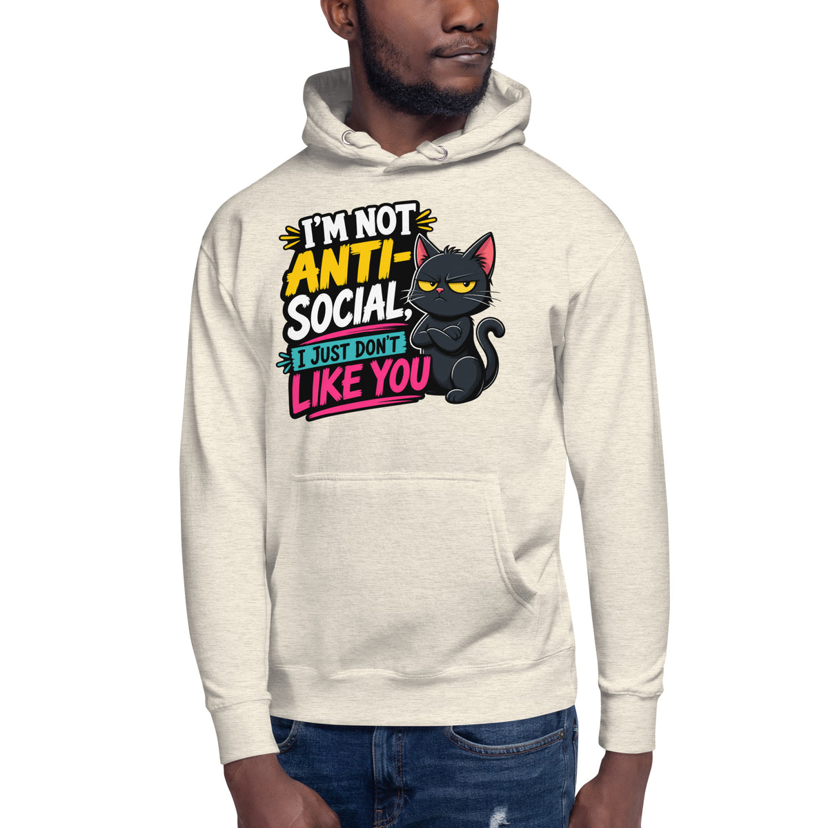 Anti Social Kitty Unisex Hoodie — Oatmeal Heather — front