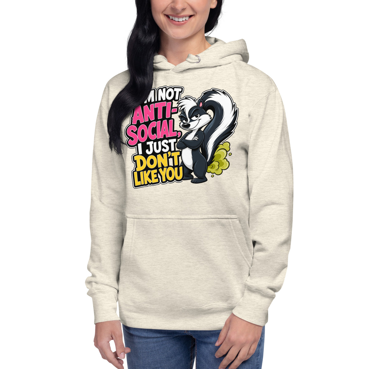 Anti Social Skunk Unisex Hoodie — Oatmeal Heather — front