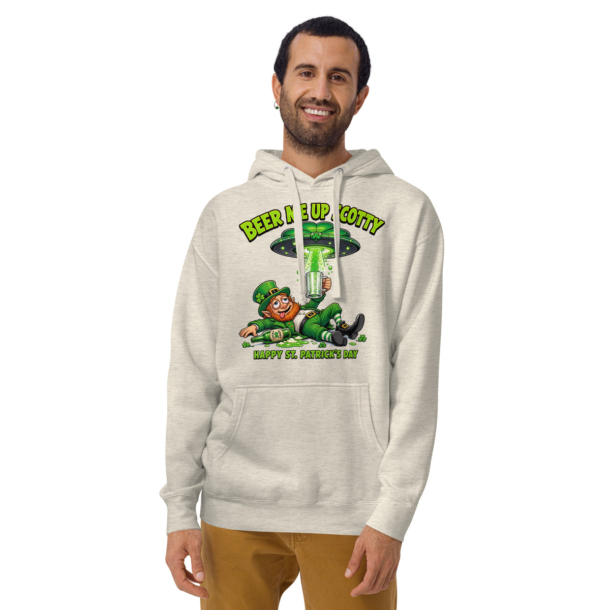 Beer Me Up St Pats Day Unisex Hoodie — Oatmeal Heather — front