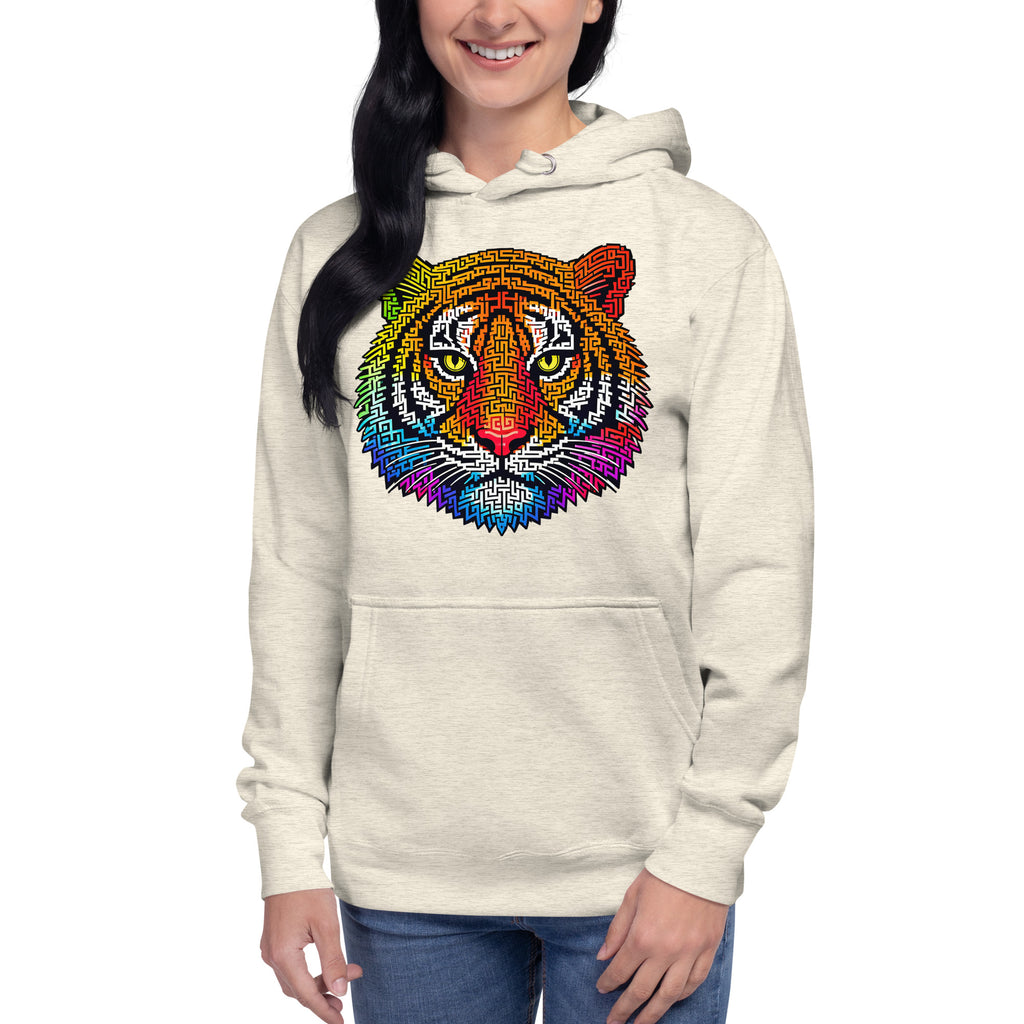 Rainbow Tiger Face Maze Unisex Hoodie — Oatmeal Heather — front