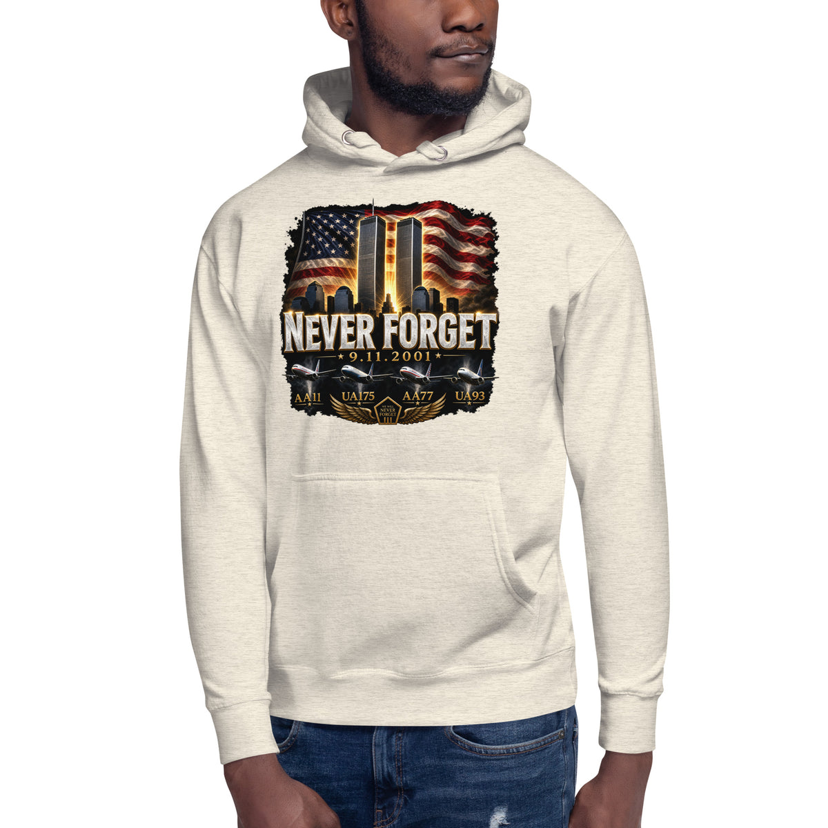 Never Forget 9/11 — Twin Towers Unisex Hoodie — Oatmeal Heather — front