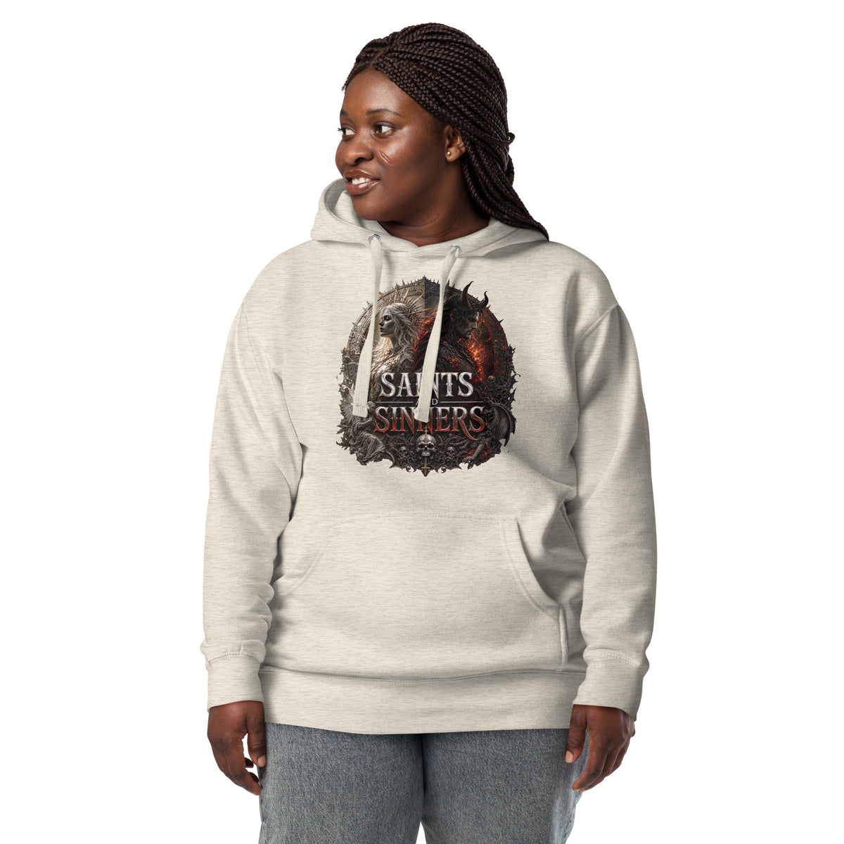 Saints and Sinners — Angel and Demon Unisex Hoodie — Oatmeal Heather — front