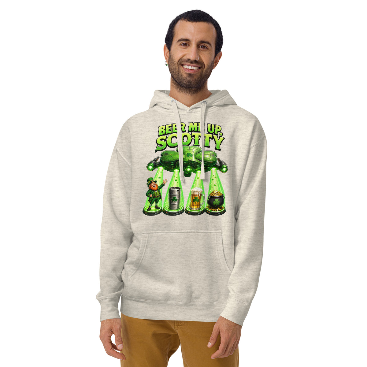 St. Patrick’s Day Spaceship Unisex Hoodie — Oatmeal Heather — front
