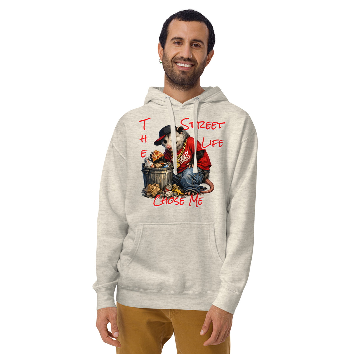 NY Possum Life Unisex Hoodie — Oatmeal Heather — Men's 2 model, front