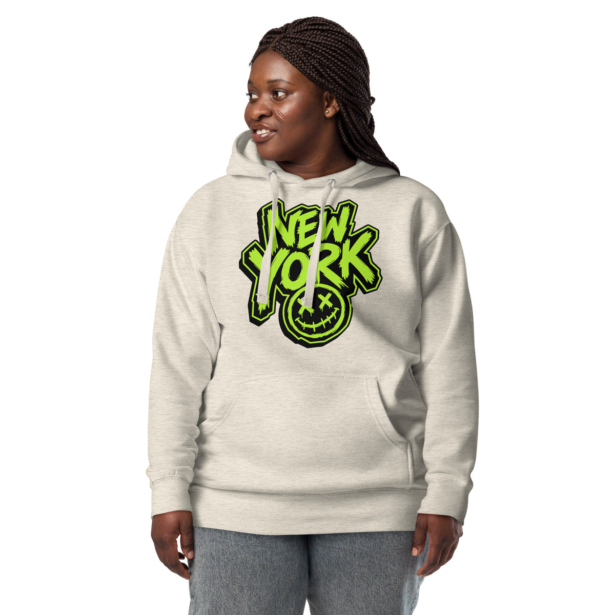 NY Smiles Unisex Hoodie — Oatmeal Heather — Women's 3 model, front