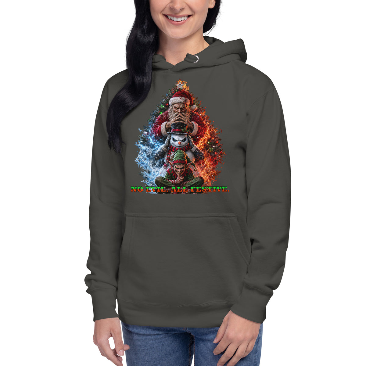 No Evil Xmas Unisex Hoodie — Vintage Black — Women's model, front