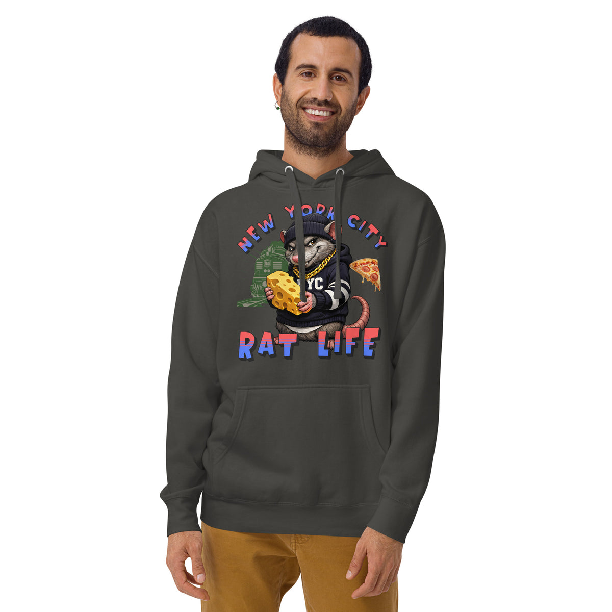 NYC Rat Life Unisex Hoodie — Vintage Black — Men's 2 model, front