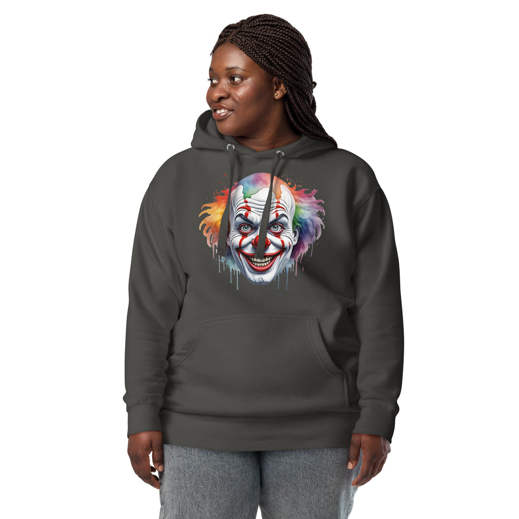Painted Clown Unisex Hoodie — Vintage Black — Women's 3 model, front