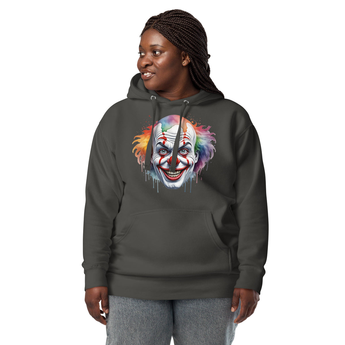 Painted Clown Unisex Hoodie — Vintage Black — Women's 3 model, front