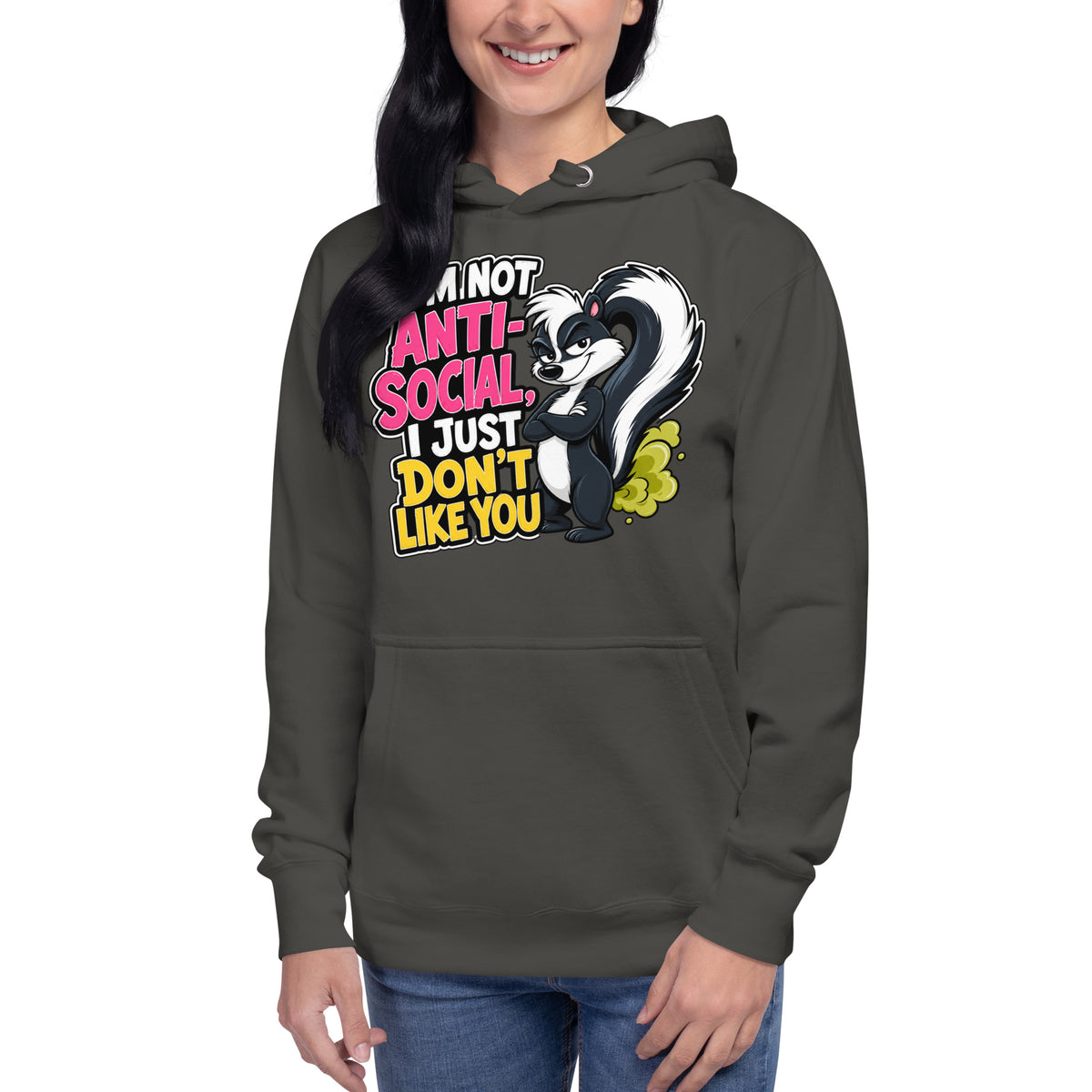 Anti Social Skunk Unisex Hoodie — Vintage Black — front