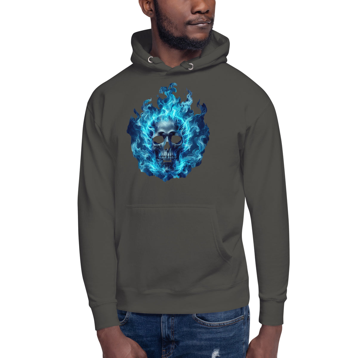 Blue flaming skull Unisex Hoodie — Vintage Black — front