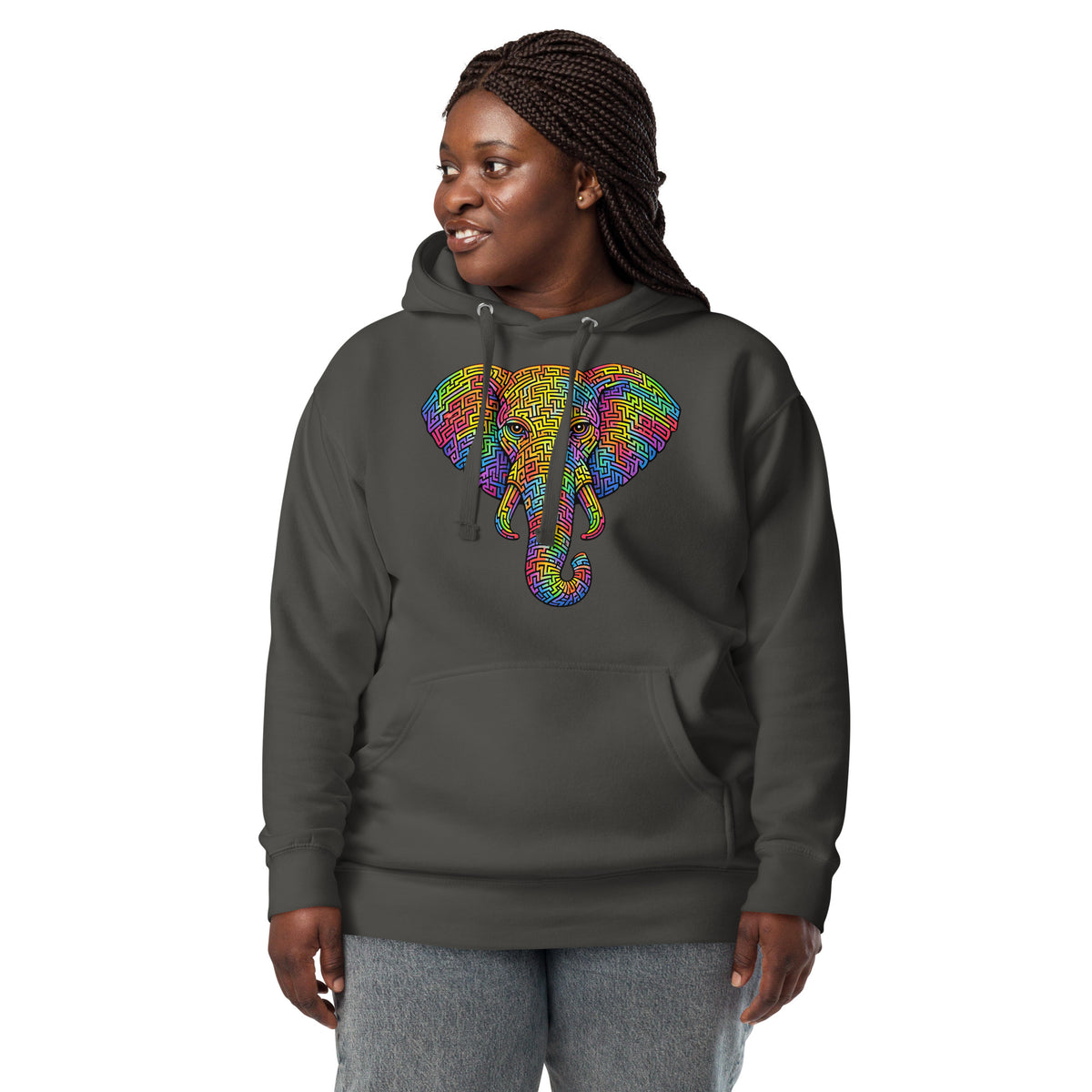 Elephant Face Maze Unisex Hoodie — Vintage Black — front