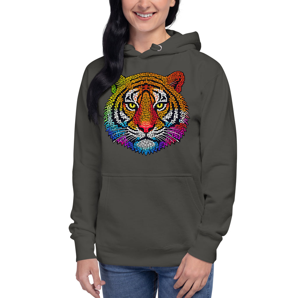 Rainbow Tiger Face Maze Unisex Hoodie — Vintage Black — front