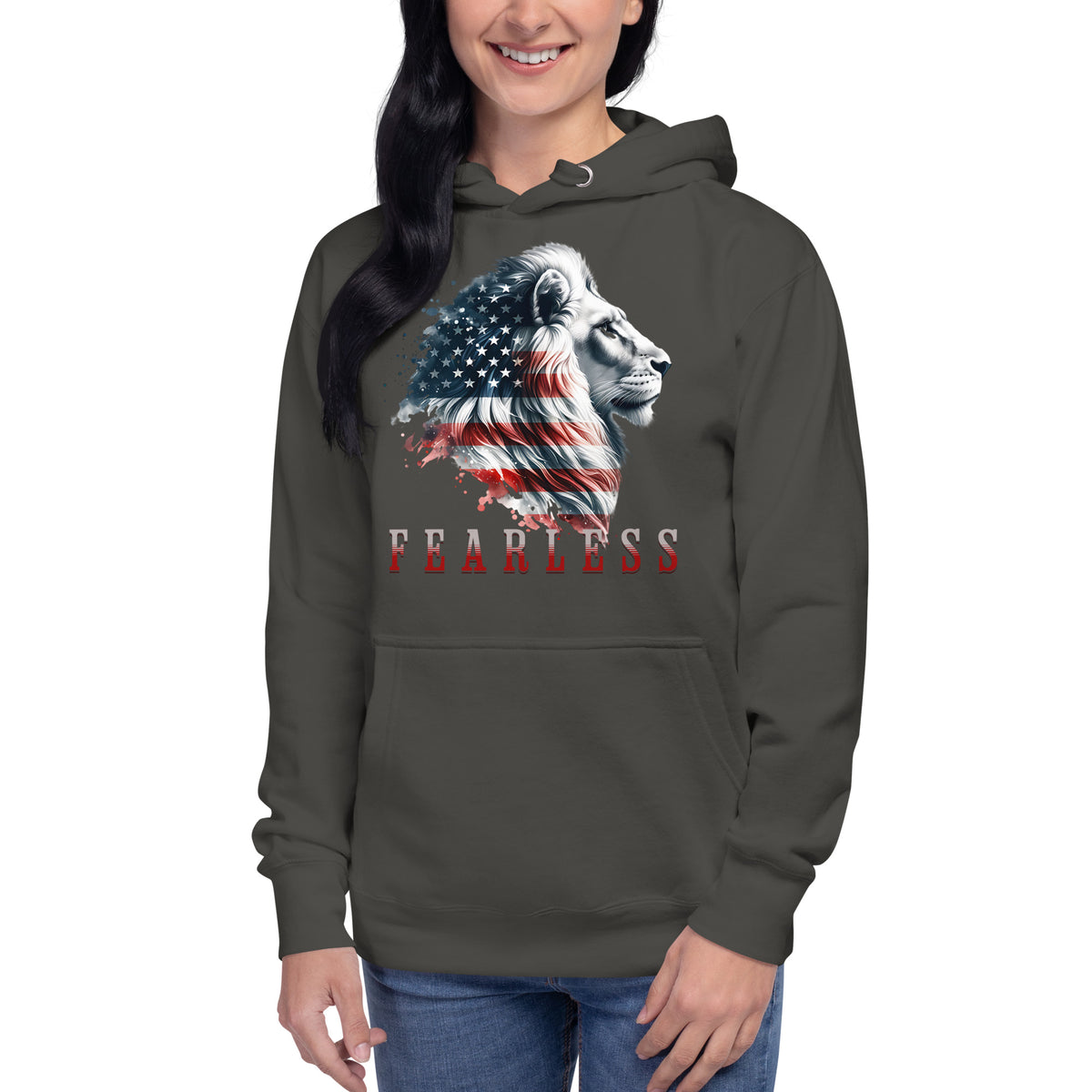 USA Lion Fearless Unisex Hoodie — Vintage Black — front