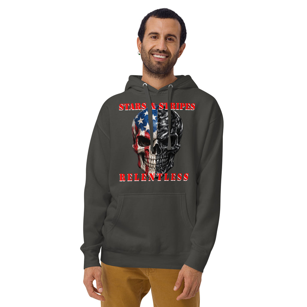 USA Patriotic Camo Skull Unisex Hoodie — Vintage Black — front