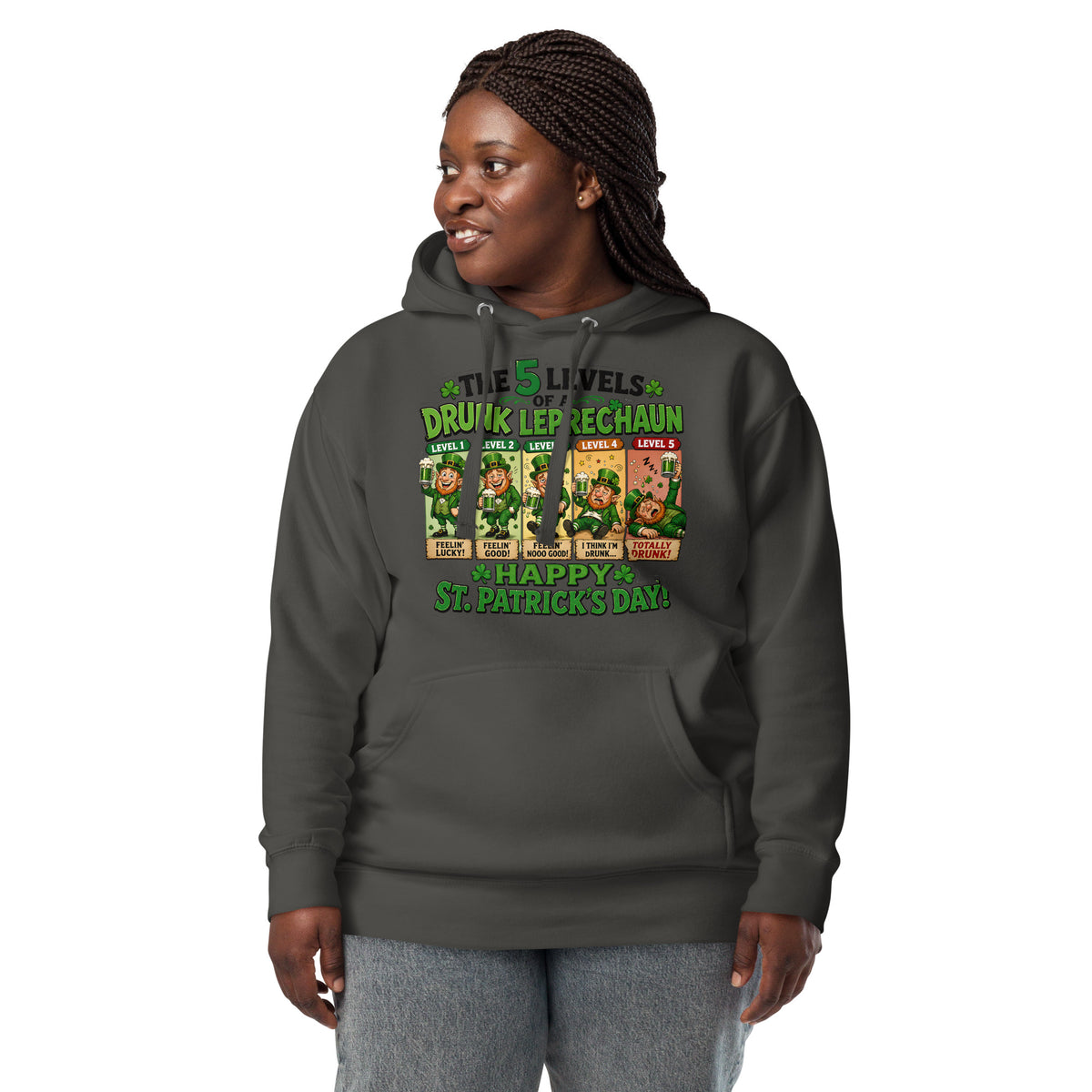 Five Levels of Leprechaun Unisex Hoodie — Vintage Black — front
