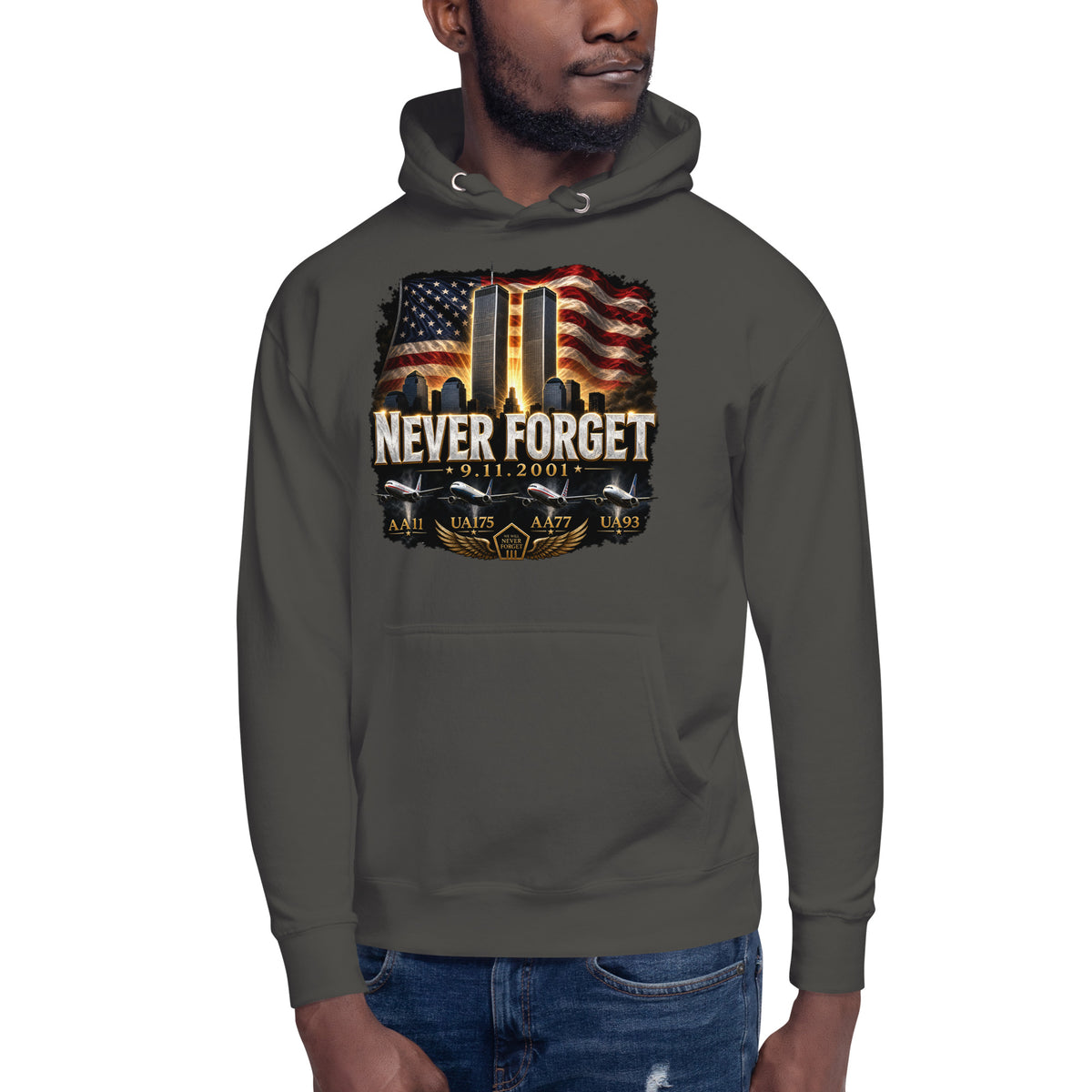 Never Forget 9/11 — Twin Towers Unisex Hoodie — Vintage Black — front