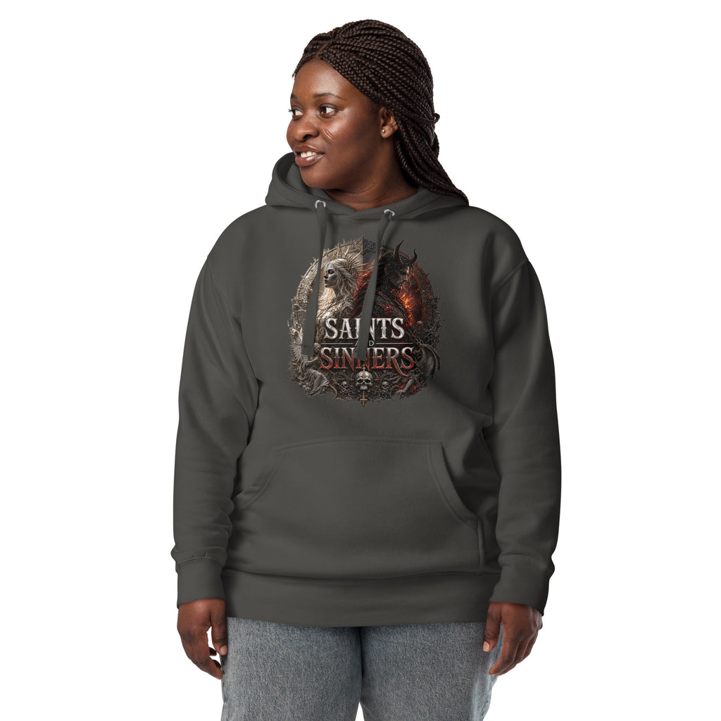 Saints and Sinners — Angel and Demon Unisex Hoodie — Vintage Black — front