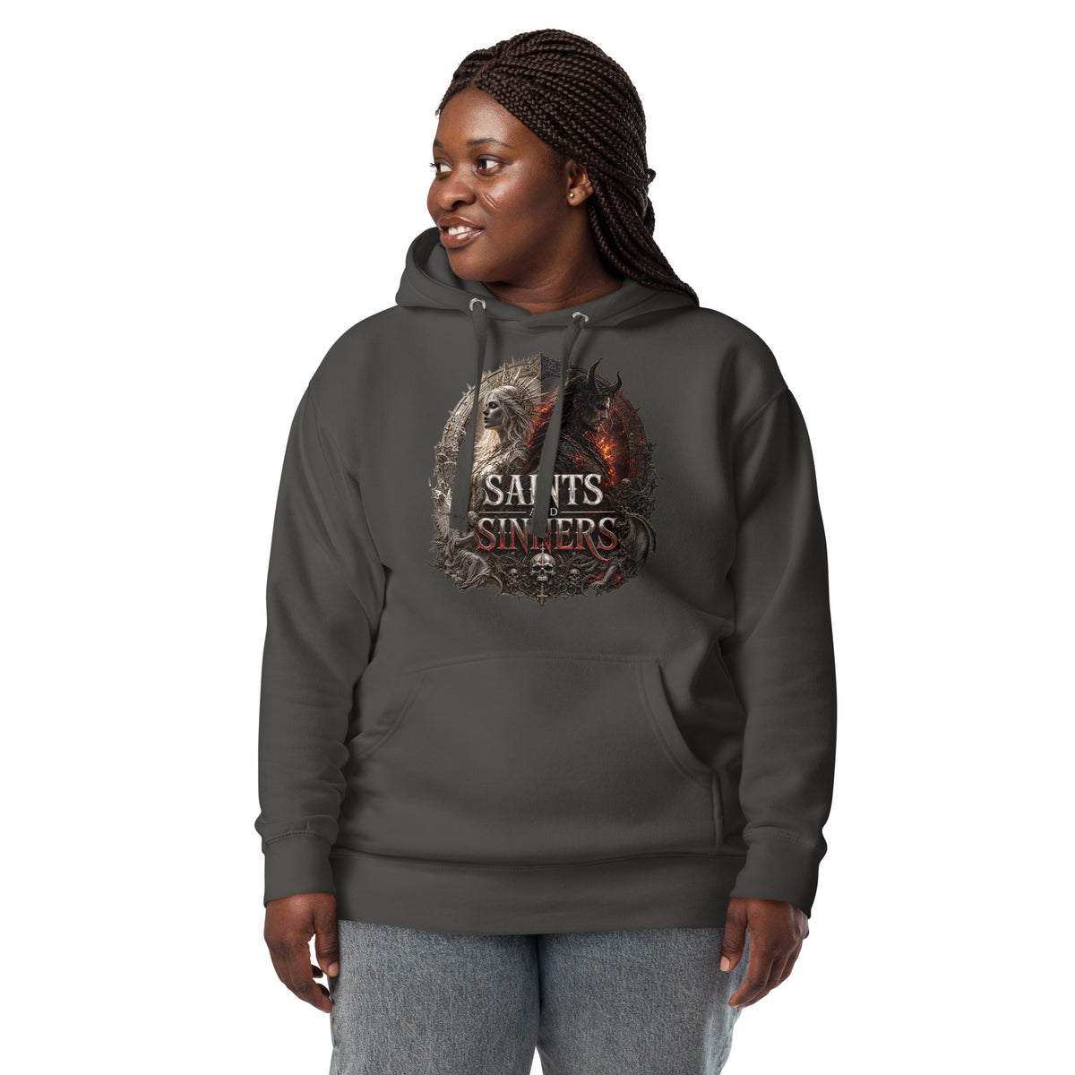 Saints and Sinners — Angel and Demon Unisex Hoodie — Vintage Black — front