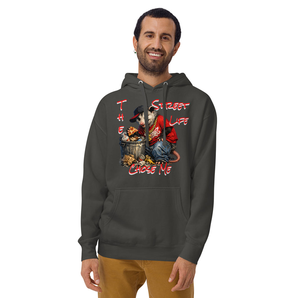 NY Possum Life Unisex Hoodie — Vintage Black — Men's 2 model, front
