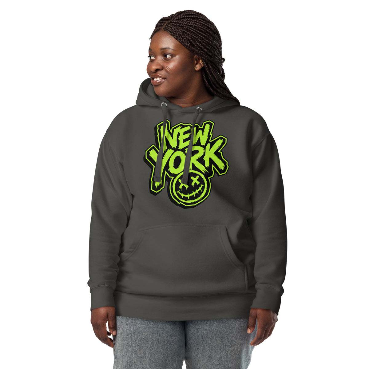 NY Smiles Unisex Hoodie — Vintage Black — Women's 3 model, front