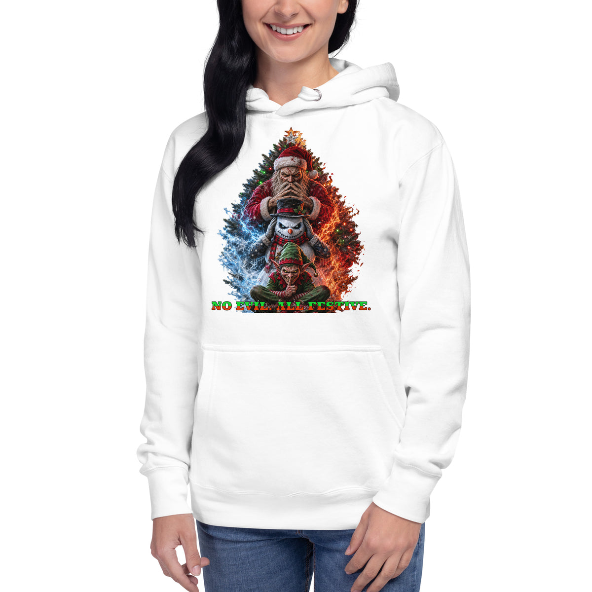 No Evil Xmas Unisex Hoodie — White — Women's model, front