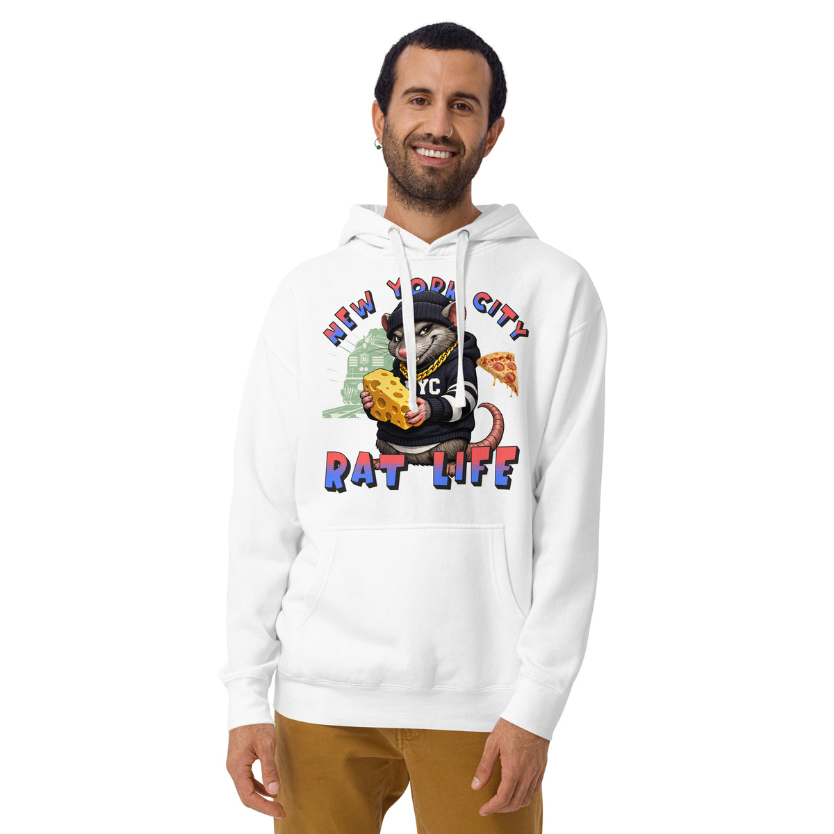 NYC Rat Life Unisex Hoodie — White — Men's 2 model, front
