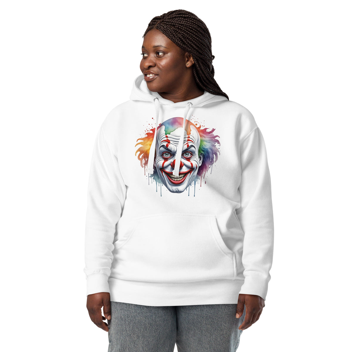 Painted Clown Unisex Hoodie — White — Women's 3 model, front