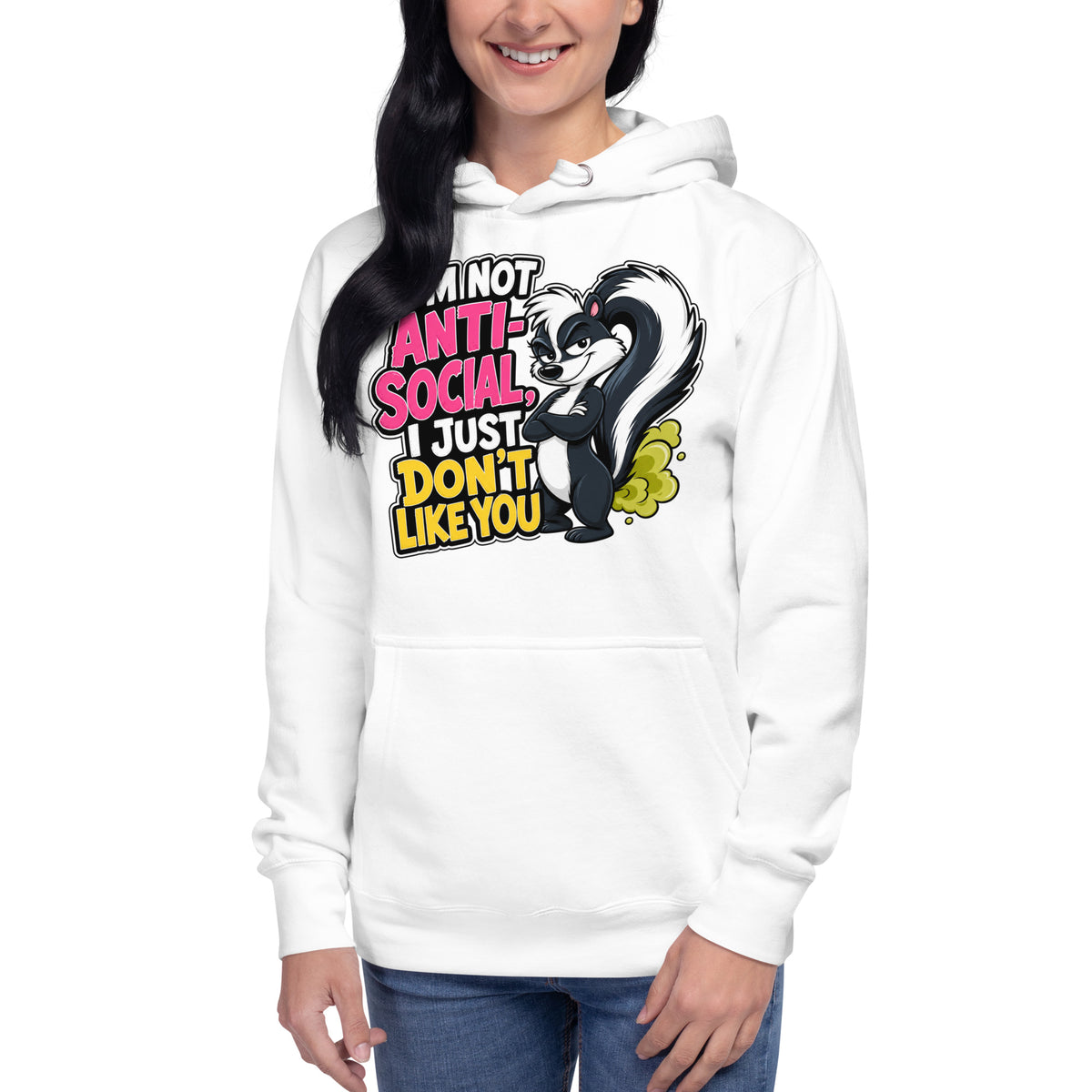 Anti Social Skunk Unisex Hoodie — White — front
