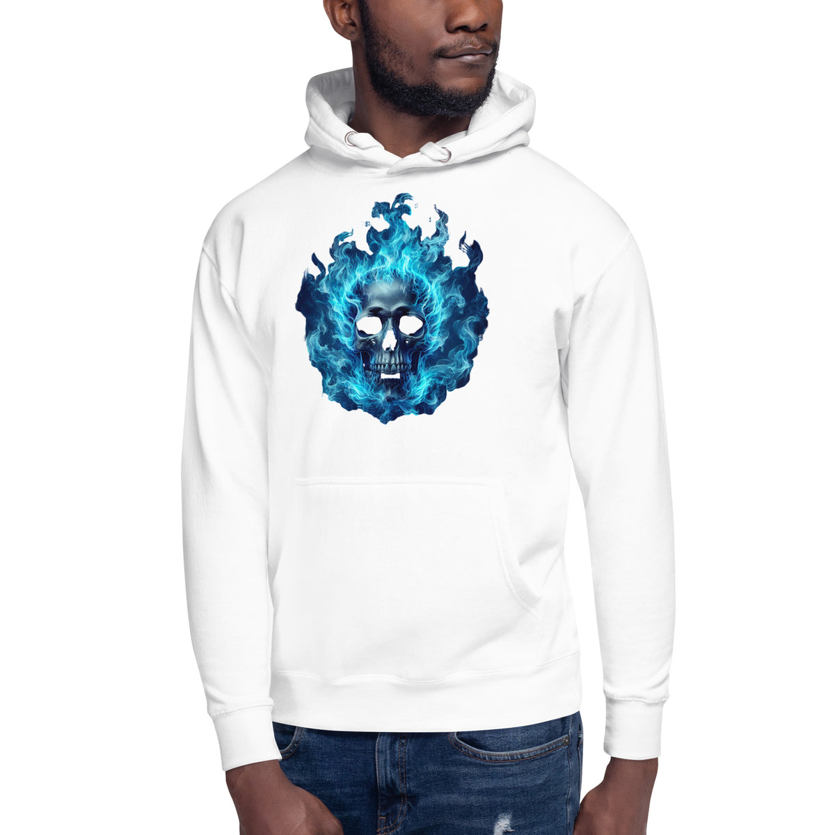 Blue flaming skull Unisex Hoodie — White — front