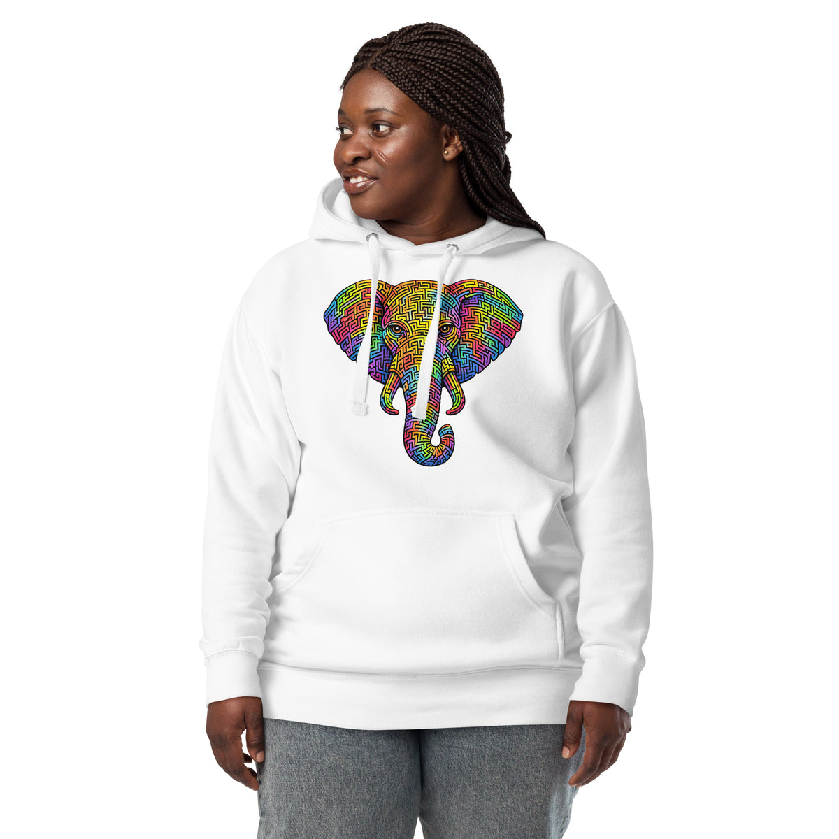 Elephant Face Maze Unisex Hoodie — White — front