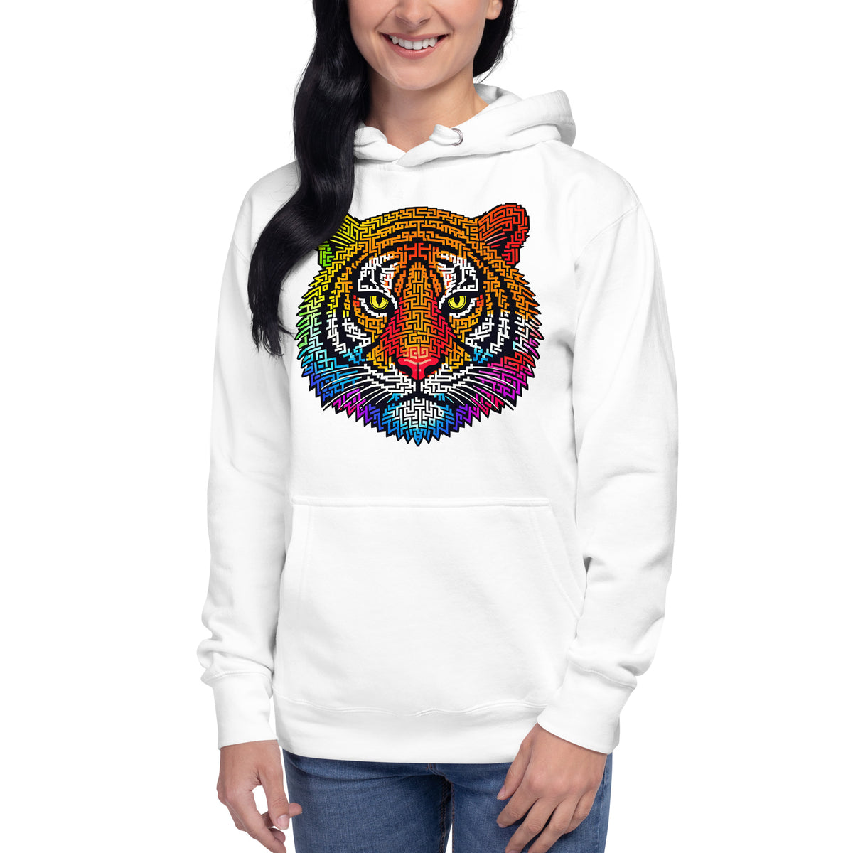 Rainbow Tiger Face Maze Unisex Hoodie — White — front