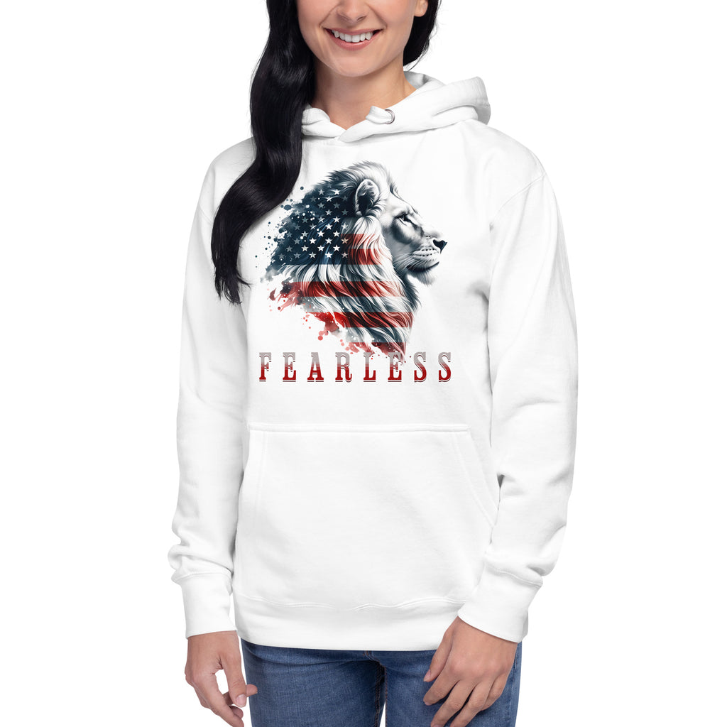 USA Lion Fearless Unisex Hoodie — White — front