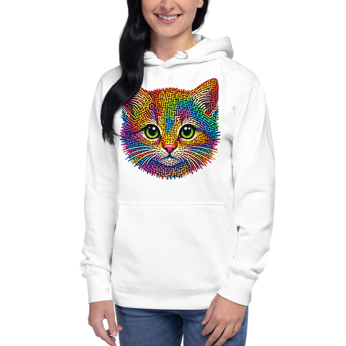 Kitten Face Maze Unisex Hoodie — White — front