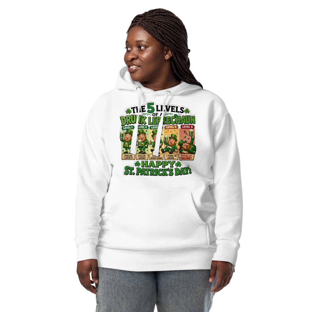 Five Levels of Leprechaun Unisex Hoodie — White — front