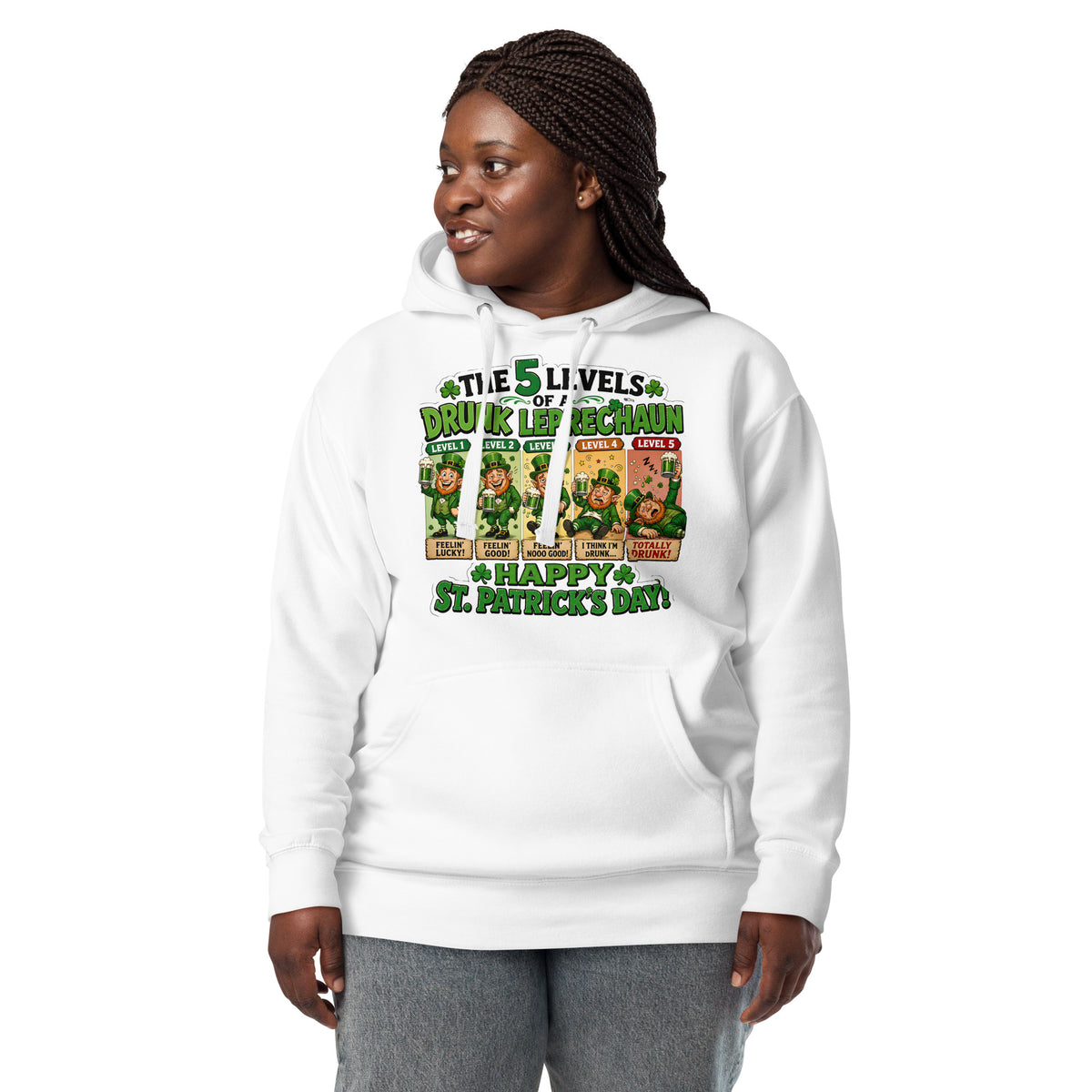 Five Levels of Leprechaun Unisex Hoodie — White — front