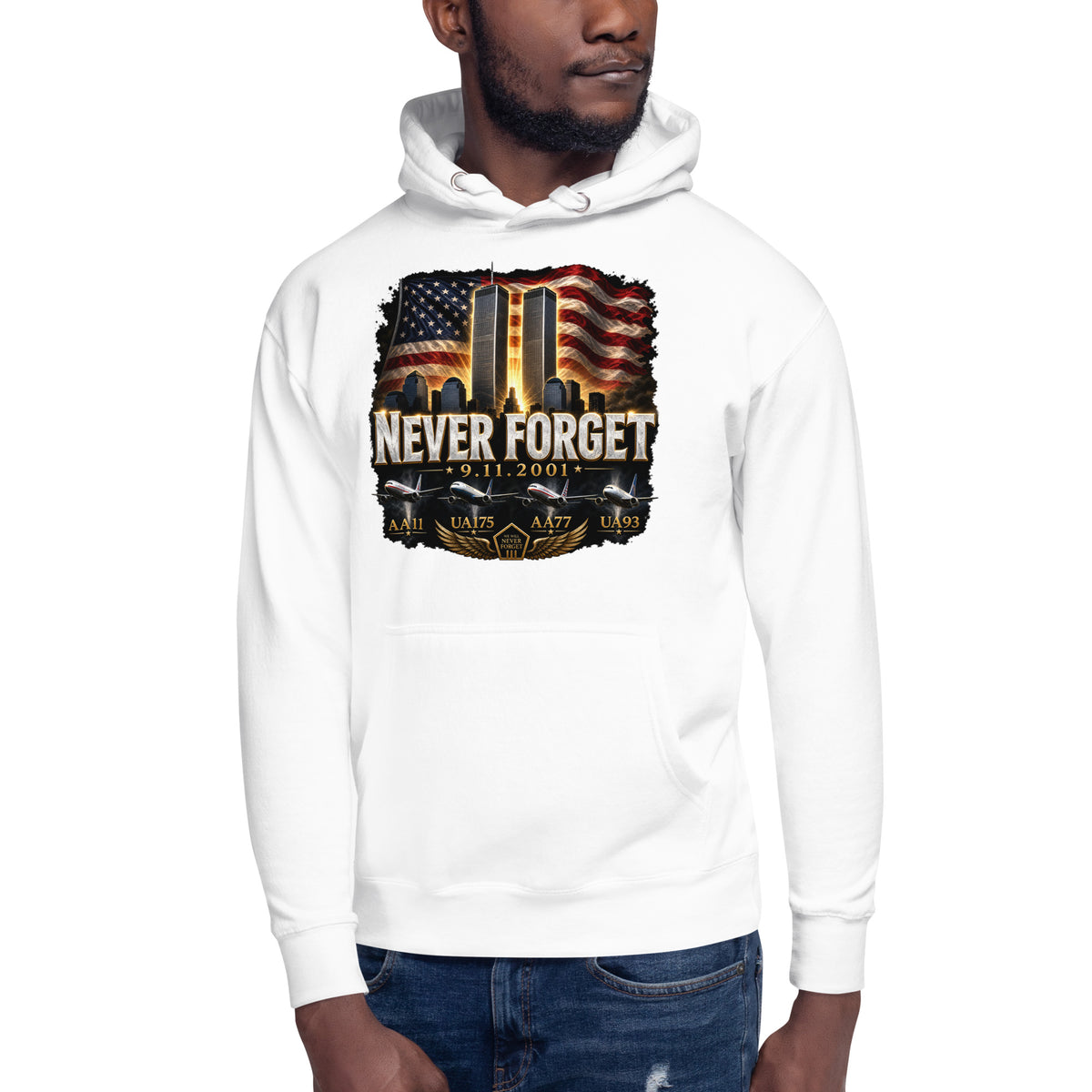 Never Forget 9/11 — Twin Towers Unisex Hoodie — White — front